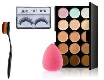 RTB Combo of MNPro Contour 15 pallets long lasting cream Concealer (Multiple) False eyelash, Beauty Blender, Contour Brush