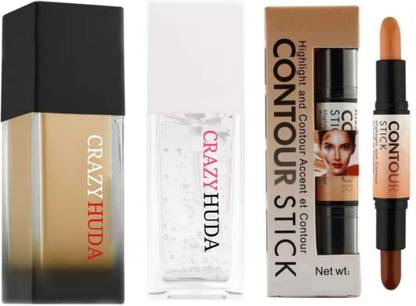 CRAZYHUDA Long lasting Liquid Foundation, Face Primer With Contour Stick