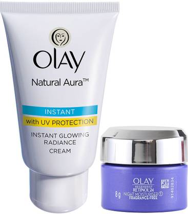 OLAY Natural Aura powered with Vitamin B3, Pro B5, E with UV Protection (40 gm) & Regenerist Retinol 24 Moisturiser (8 gm)  (2 Items in the set) at Rs. 117