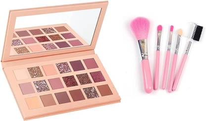 SHAMlin Nude Eyeshadow Palette With 5Pc Pink Makeup Brushes Set, Shimmery & Matte Finish - (Pack of 6)