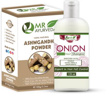 MR Ayurveda 100% Natural Onion Shampoo & Ashwagandha Powder - Combo Pack