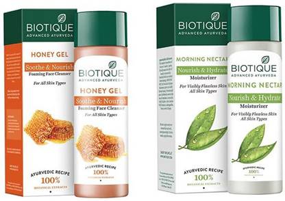 BIOTIQUE Honey Gel Refreshing Foaming Face Cleanser, 120Ml & Morning Nectar Visibly Flawless Skin Moisturizer, 120Ml