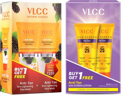 VLCC Anti Tan Sunscreen Lotion SPF 25 PA+ & Skin Lightening Face Wash - B1G1