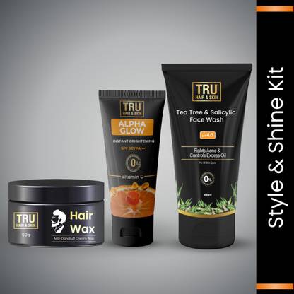 TRU HAIR & SKIN Alpha Glow Sunscreen With SPF-50: 50gm & Tee Tree Face wash-100ml & Hair Wax-50gm