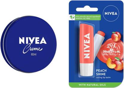 NIVEA Blue Cream 60ml and Peach Shine Lip Balm
