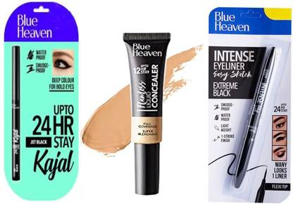 BLUE HEAVEN 24HR Saty Jet Black Kajal + Flawless Lquid Concelaler (Honey medium) + Intense Easy Sketch Black Eyeliner