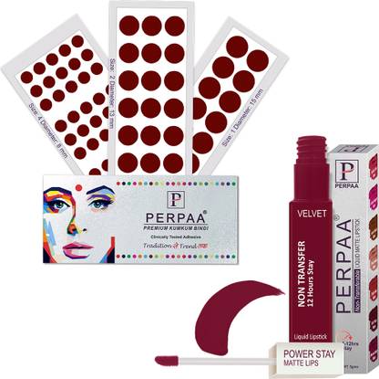 Perpaa Premium Dark Maroon Bindi Flaps & Maroon Lipstick Face Makeup Combo kit