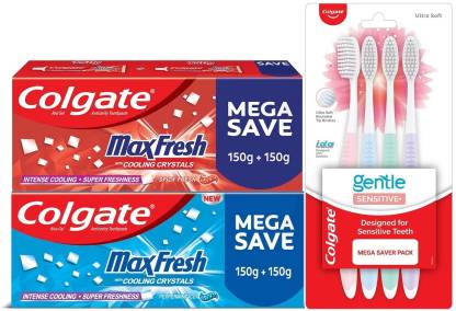 Colgate MaxFresh Red 300g & Blue 300g Toothpaste with Gentle Sensitive Toothbrush 4pcs  (1 Items in the set)