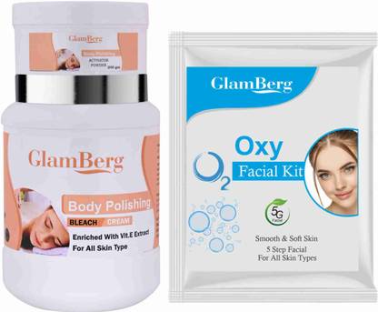 Glamberg Body Polishing Bleach Cream With Activator + Oxy Facial Kit 5 in 1