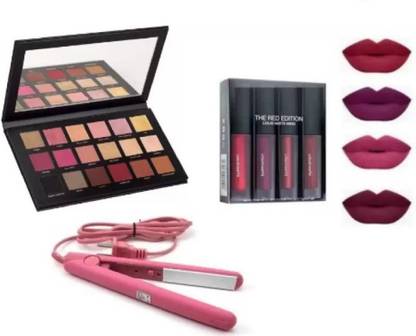 Ashav Huda Rose Gold Eye Shadow & Mini Straightener & Red Edition 4 Pc Lipstick Set
