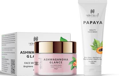NightBlue Naturals Ashwagandha Glance Hydrate Face Moisturizer & Papaya Beauty Face Wash I Pigmentation Skin Glow Anti Ageing All Skin Type