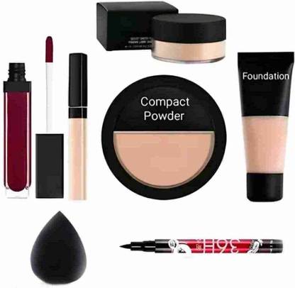 Zailie Combo Kit Concealer, Loose Powder, 36H Liquid Eyeliner, Puff, Foundation, Compact, Liquid Lipstick