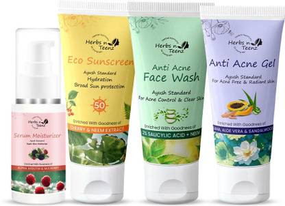 Herbs n Teenz Teen Skincare Essential Combo Pack: Cleanser, Gel Treatment, Sunscreen, and 2-in-1 Serum Moisturizer for Clear, Radiant Skin