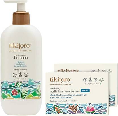 Tikitoro Teens Shampoo with Bath Bar (pack of 2) Combo, Conditions Hair and Scalp, Nourishes and Moisturizes Skin (11-16 Years)