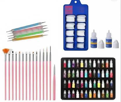 mkldsrh 48 Bottles 3d Nail Art Glitter Sequins Set, 5Pc Double Side Dotting Pen, 15Pcs Nail Art Brush & reusable fake nails & nail glue