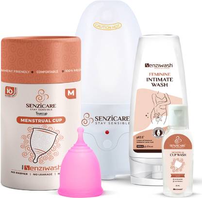 Senzicare Period Combo-Reusable Menstrual Cup Medium Size, Steam Sterilizer, Cupwash 25ml