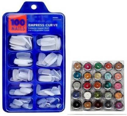 Lenon Beauty Artificial Nails Pack of 100 with Nails Nail Art Glitter Powder 25 Pcs