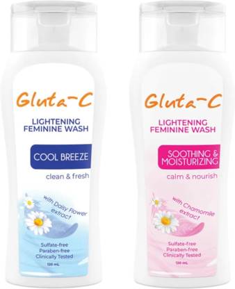 Gluta-C Lightening Feminine Wash 120ml Combo - Soothing & Moisturizing, Chamomile & Daisy Extracts, Cool Breeze & Fresh Daisy