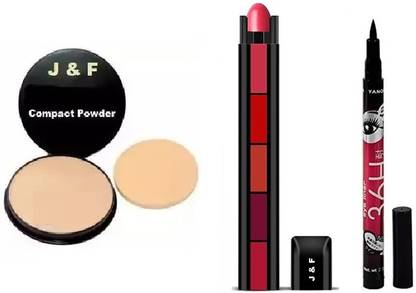 J & F Face Compact Powder, 5 in 1 Red Lipstick,Eyeliner