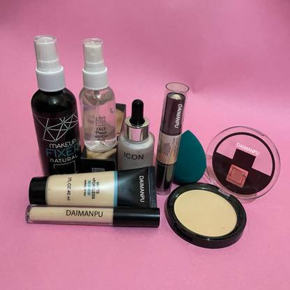 DAIMANPU Fixer, Primer, Shimmer liquid highlighter, foundation, concealer, compact powder, washable puff, 3D 2in1 Contour cosmetic combo