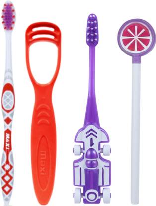 Maxi Oral Care Combo of 3-1 Zoom Car Toothbrush & 1 Watermelon Lollipop Tongue Cleaner & (1 Adults) Style Oral Hygiene Kit