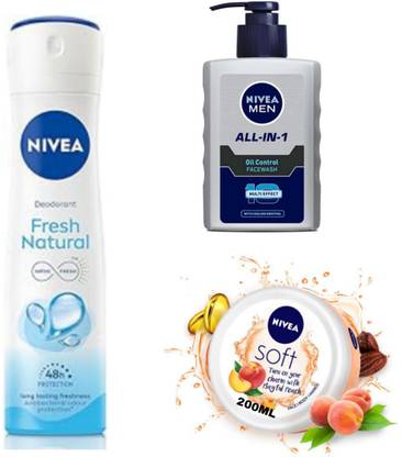 NIVEA Fresh Natural Deo 150 ML , All In One Face Wash 150 ML & Playful Peach 200 ML