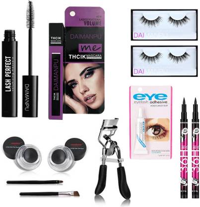 DAIMANPU Jet Black Waterproof Mascara Curling, Volumising with Curler, Lashes, Eye Adhesives, Eyeliner and Eyebow Kit