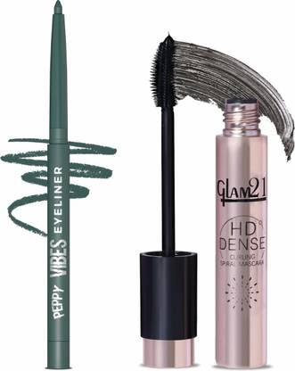 Glam21 Peppy Vibes Matte Eyeliner-Moss,0.4gm & HD Dense Curling Mascara |Waterproof Volumizing-Black, 10ml | Combo