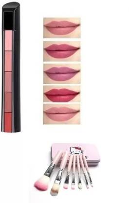 Jollity Ultra Smooth Beauty Creamy Matte 5 in1 Fab Lipstick WITH PROFESSIONAL MAKEUP BRUSH SET ( COMBO SET) (2 Items in the set)