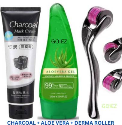 GOIEZ Advanced Skin Care Combo Of Aloe Vera Gel, Charcoal Mask And Derma Roller 0.5mm