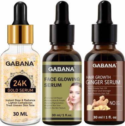 GABANA 24K Gold Serum & Face Glowing Serum & Hair Growth Ginger Serum (Each 30ml)