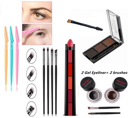 alku Face Makeup Combo Eyebrow Palette,Eyebrow Razor,5 In 1 Lipstick,Makeup Brush,Music Flower Gel Eyeliner