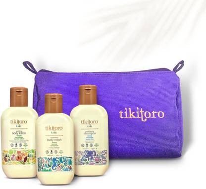 Tikitoro Kids Travel Kit With Nourishing Body Wash, Soothing Body Lotion, Conditioning Shampoo, and a Travel Pouch