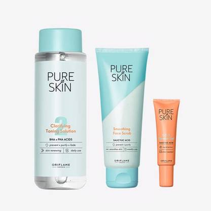 Oriflame PURE SKIN Clarifying Toning Solution 150 ml , PURE SKIN Smoothing Face Scrub 75 ml , PURE SKIN SOS Blemish Gel 6 ml