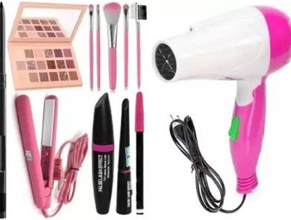 GROOVS Makeup combo kajal + Eyeshadow + Straightener + Dryer+ makeup brush with 3in1 mascara