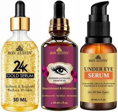 Bon Austin 24K Gold Face Serum, Eyebrow and Eyelash Growth Oil & Under Eye Serum (Combo Pack) Each, 30ml