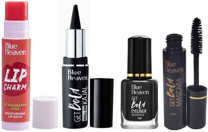 BLUE HEAVEN Lip Charm Strawberry Lip Balm + Bold Roll On Kajal + eyeliner+ Mascara