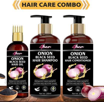 4 her Onion Black Seed Hair Care Kit (Shampoo+ Hair Conditioner + Hair Oil)