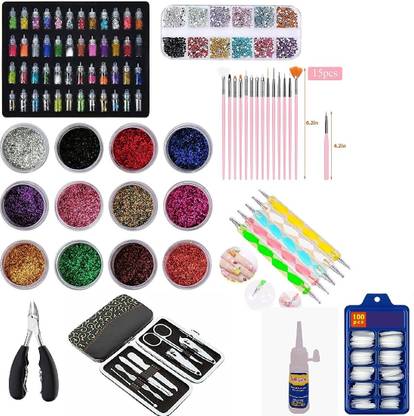 Miss Hot 48 Bottles Glitter,12 Nail Art Ringstone,12 pcs Nail art Glitter & 15 Pcs Nail Brush,5 pcs Nail Pen,7Manicure With Nail Cliper