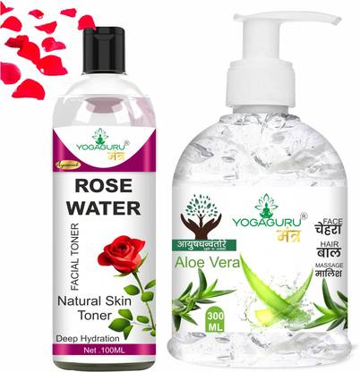 YOGAGURU MANTR Aloevera Gel 300ml and Rose Water Toner 100ml Multipurpose Use Combo