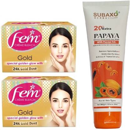 Fem CREME BLEACH GOLD 2 PC EACH 40 GM AND PAPAYA FACE WASH 120 ML