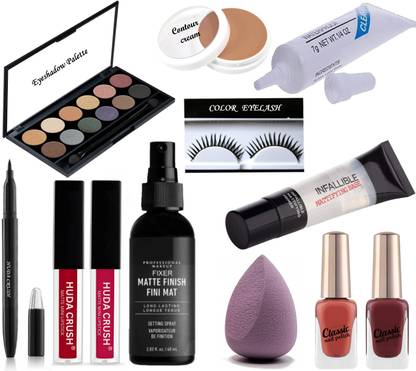 HUDA CRUSH BEAUTY 12in1 Combo Kit - Matte Eyeshadow,Primer,Fixer,Contour cream,Eyelashes,EyeGlue,2 Mini Lipstick,2 Nailpolish,Eyeliner,Puff
