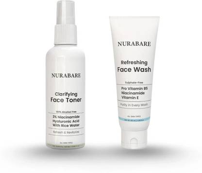 NuraBare Niacinamide Face Wash with Vitamin E and Pro Vitamin B5 Rice Water Face Toner for Oily Acne Prone Dry Combination Skin