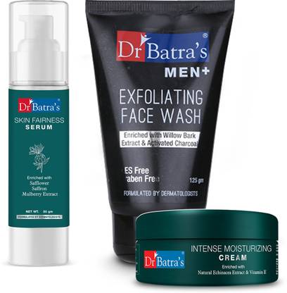 Dr Batra's Skin Fairness Serum - 50 G, Men+ Exfoliating Face Wash - 125 G,Natural Skin Lightening Cream - 100 gm and Intense Moisturizing Cream -100 G (Pack of 4)