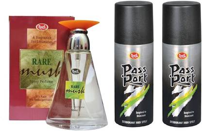 MONET 1 RARE MUSK PERFUME 50ML , 2 PASS PORT BLACK DEODORANT 150ML EACH , PACK OF 3