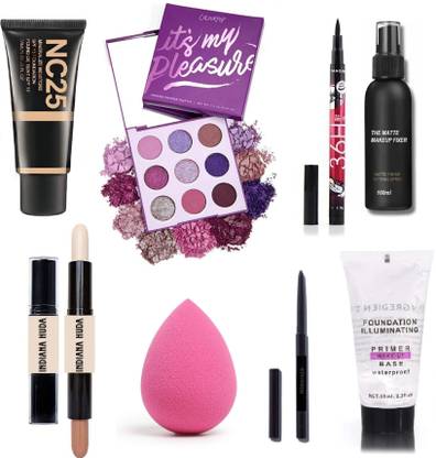 INDIANA HUDA Primer,Fixer,Foundation Tube,Contour Stick,Blender Puff,Kajal,36H Eyeliner & Its My Pleasure 9 Multicolor Eyeshadow Palette