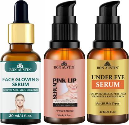 Bon Austin Face Glowing Serum & Pink Lip Serum & Under Eye Serum - Dark Circles Removal (Each,30ml)