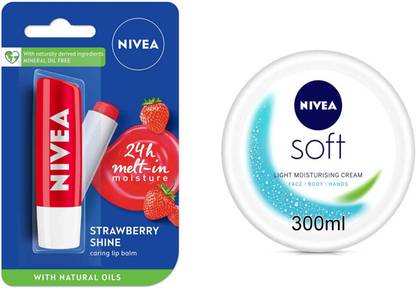NIVEA Soft Cream 300ml And Strawberry shine LIp balm Set of 2pc