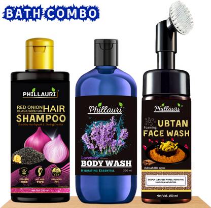 Phillauri Onion Shampoo for Hair Growth With Lavender Refreshing Body Wash & Ubtan Foaming Face Wash