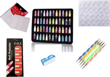 Ajora NAIL DOTTING PEN SET, 48 3D GLITTER SET, DOUBLE SIDED NAIL GLUE STIKER, NAIL PROTECTOR SET , NAIL TIP GUIDE, NAIL DUSTING BRUSH